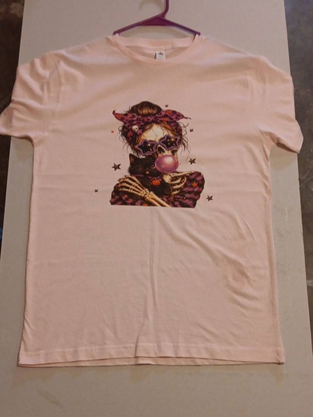Girls' Light Pink Graphic Tee with Skull & Cat Design Size Medium Adult New!